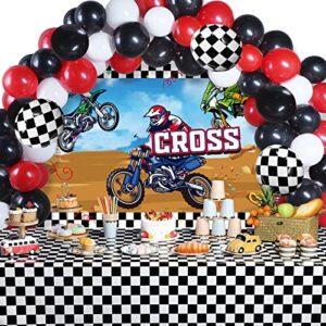 72 Pieces Motorcycle Party Decorations Dirt bike Motocross Backdrop Black And White Checkerboard Tablecloth with Balloons Extreme Motorcycle Theme Decor Set for Boy Girl Birthday Party Supplies