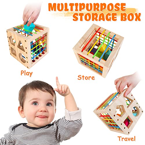 HELLOWOOD Montessori Toys for 1+ Year Old, Wooden Sorter Cube with 8pcs Rattling Shapes, Developmental Learning Toy Gifts for Baby Girls Boys 6-12-18 Months, Gift Packaging