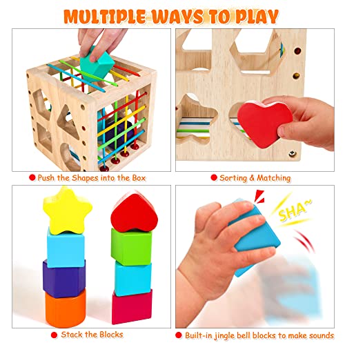 HELLOWOOD Montessori Toys for 1+ Year Old, Wooden Sorter Cube with 8pcs Rattling Shapes, Developmental Learning Toy Gifts for Baby Girls Boys 6-12-18 Months, Gift Packaging