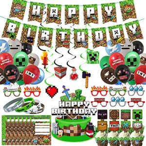 pixel style gamer birthday party supplies for game fans, 106 pcs miner theme birthday party decorations for boys - banner, cake and cupcake toppers, cupcake wrappers, balloons, bracelets, paper glasses, hanging swirls, invitation cards.