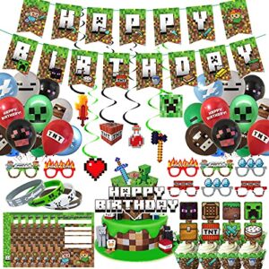 Pixel Style Gamer Birthday Party Supplies for Game Fans, 106 Pcs Miner Theme Birthday Party Decorations for Boys - Banner, Cake and Cupcake Toppers, Cupcake Wrappers, Balloons, Bracelets, Paper Glasses, Hanging Swirls, Invitation Cards.