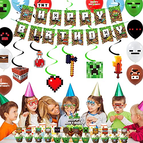 Pixel Style Gamer Birthday Party Supplies for Game Fans, 106 Pcs Miner Theme Birthday Party Decorations for Boys - Banner, Cake and Cupcake Toppers, Cupcake Wrappers, Balloons, Bracelets, Paper Glasses, Hanging Swirls, Invitation Cards.