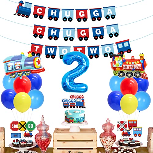 Chugga Chugga Two Two Party Decorations for 2 Years Old Boys, Railroad Train Crossing Theme Birthday Party Supplies - Chugga Chugga Two Two Banner, Cake Topper, Train Foil Balloons