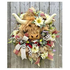 farmhouse highland cow wreath - 2023 new spring wreaths for front door, spring summer floral wreaths for front door, flower door wreaths for all seasons outdoor indoors, spring front porch decor (1pc)