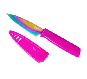 kuhn rikon colori non-stick serrated paring knife with safety sheath, 4 inch, rainbow