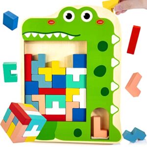 wooden blocks puzzle brain teasers toy tangram jigsaw for kids 3d russian blocks montessori stem educational toy pattern blocks gift for 3 4 5 6 7 year old boys girls