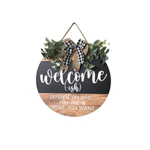welcome sign for front door home decor gifts, round wreath wall hanging outdoor porch farmhouse, for all seasons valentines day christmas (c-dark brown)