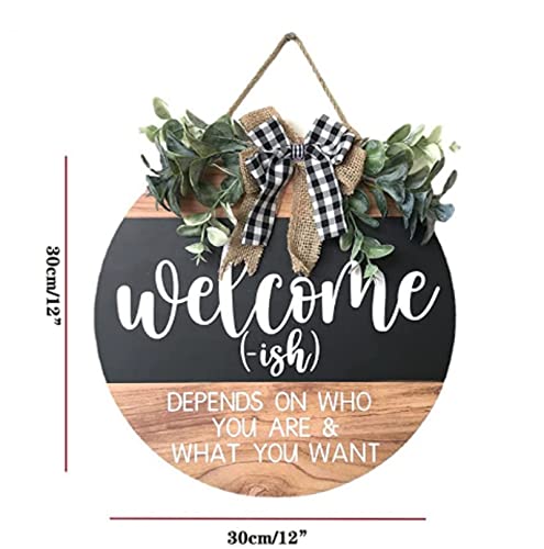 Welcome Sign for Front Door Home Decor Gifts, Round Wreath Wall Hanging Outdoor Porch Farmhouse, for All Seasons Valentines Day Christmas (C-dark brown)