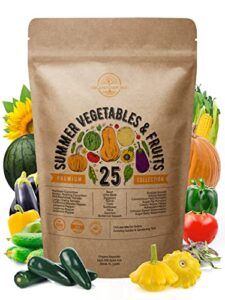 25 summer vegetable & fruit seeds variety pack for planting outdoors and indoor home gardening 1500+ non-gmo heirloom veggie & salad green seeds: collards tomato pepper okra onion bean cucumber & more