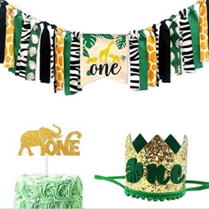 Baby 1st Birthday Party Decorations Supplies For Boy Girl Kids First Birthday Shower Jungle Safari Theme With Wild One Highchair Banner Crown Cake Topper Set of 3