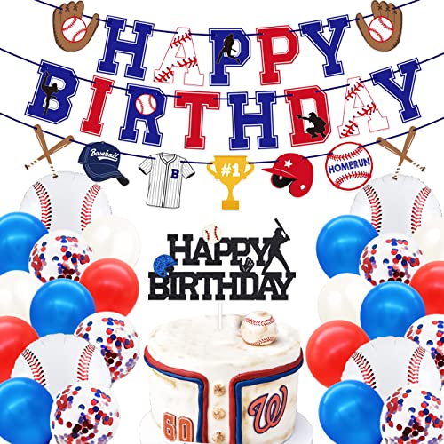 Baseball Birthday Party Decorations Supplies for Boys - Baseball Theme Happy Birthday Banner Cake Topper and Balloons Party Pack - Sports Game Themed Birthday Baby Shower Photo Props Supplies