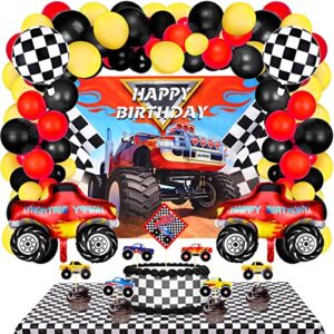 83 pieces truck birthday party supplies truck balloon decoration set include 1 truck theme backdrop 70 truck balloons 2 mosaic race foil balloons 1 table cover 7 cupcake topper for boy birthday party