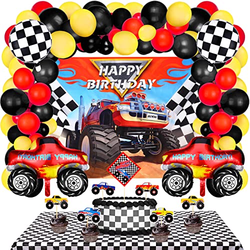 83 Pieces Truck Birthday Party Supplies Truck Balloon Decoration Set Include 1 Truck Theme Backdrop 70 Truck Balloons 2 Mosaic Race Foil Balloons 1 Table Cover 7 Cupcake Topper for Boy Birthday Party