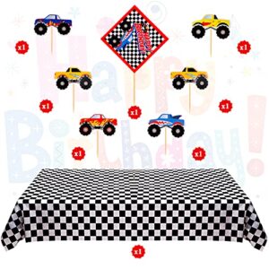 83 Pieces Truck Birthday Party Supplies Truck Balloon Decoration Set Include 1 Truck Theme Backdrop 70 Truck Balloons 2 Mosaic Race Foil Balloons 1 Table Cover 7 Cupcake Topper for Boy Birthday Party