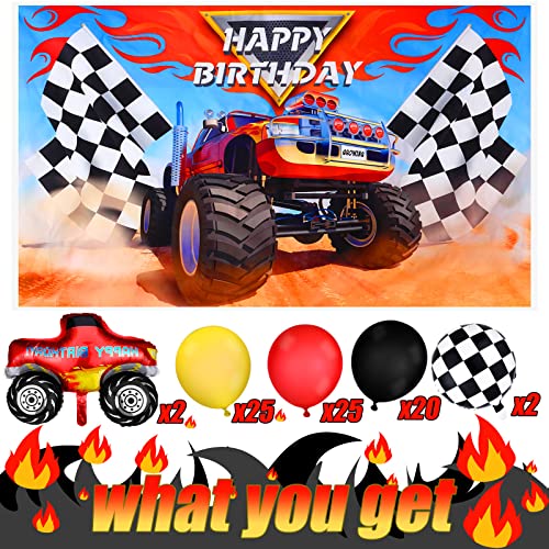 83 Pieces Truck Birthday Party Supplies Truck Balloon Decoration Set Include 1 Truck Theme Backdrop 70 Truck Balloons 2 Mosaic Race Foil Balloons 1 Table Cover 7 Cupcake Topper for Boy Birthday Party