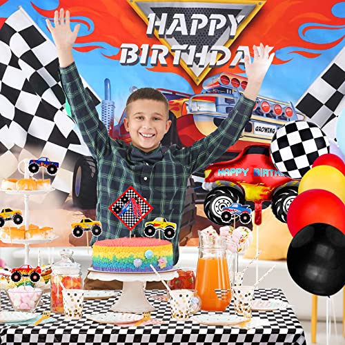 83 Pieces Truck Birthday Party Supplies Truck Balloon Decoration Set Include 1 Truck Theme Backdrop 70 Truck Balloons 2 Mosaic Race Foil Balloons 1 Table Cover 7 Cupcake Topper for Boy Birthday Party