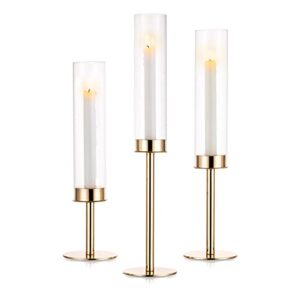 nuptio gold candlestick holder tall hurricane candle holder set of 3 taper candle holders candle stand glass cover candlesticks holders table centerpiece for wedding party birthday christmas decor