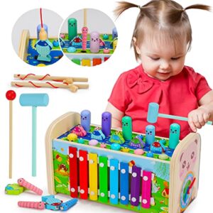 7 in 1 hammering pounding toys wooden montessori educational fishing game xylophone toy for 1 2 3 year old sensory developmental toy fine motor easter toy gift preschool toddler activity age 1-2 2-4