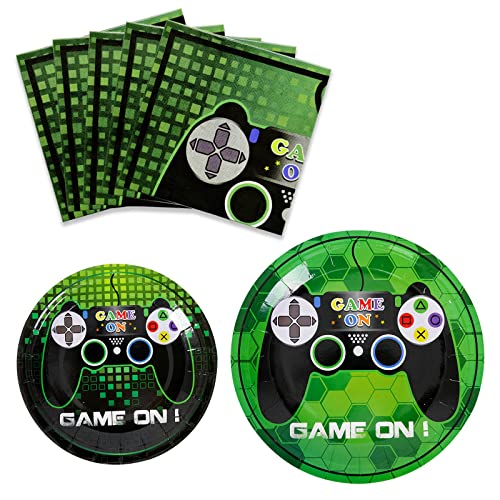 WERNNSAI Game Party Supplies Kit - Video Game Themed Party Packs for Boys Kids Birthday Game Lovers Dinner Dessert Plates Napkins Serves 16 Guests 48 Pieces