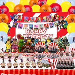 robot birthday party supplies for kids, 166pcs blocks video game party favors decorations tableware for boys girls, happy birthday banner cake toppers balloons hats plates cups napkins tablecloth photo background decor