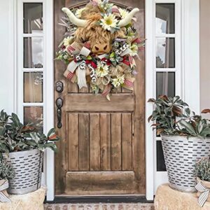Farmhouse Highland Cow Wreath - 2023 New Highland Cow Heads for Wreath Attachment Spring Decoration, Spring Summer Floral Wreaths for Front Door, Flower Door Wreaths for All Seasons Outdoor Indoor (A)