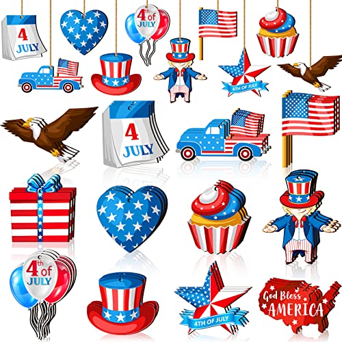 36 Pcs Patriotic Decor 4th of July Wood Hanging Ornament for Tree Independence Wooden Ornaments with Ropes Star USA Flag Gnome Red White and Blue Decorations for Independence Memorial Day (Fresh)