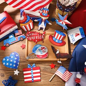 36 Pcs Patriotic Decor 4th of July Wood Hanging Ornament for Tree Independence Wooden Ornaments with Ropes Star USA Flag Gnome Red White and Blue Decorations for Independence Memorial Day (Fresh)