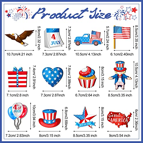 36 Pcs Patriotic Decor 4th of July Wood Hanging Ornament for Tree Independence Wooden Ornaments with Ropes Star USA Flag Gnome Red White and Blue Decorations for Independence Memorial Day (Fresh)