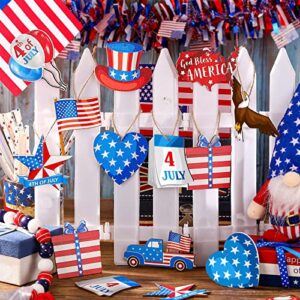 36 Pcs Patriotic Decor 4th of July Wood Hanging Ornament for Tree Independence Wooden Ornaments with Ropes Star USA Flag Gnome Red White and Blue Decorations for Independence Memorial Day (Fresh)