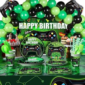 152 Pieces Video Game Birthday Party Supplies Gamer Party Table Cover Happy Birthday Gaming Backdrop Banner Video Game Theme Tableware Sets and Gaming Balloons for Boys Men Birthday Party Decor