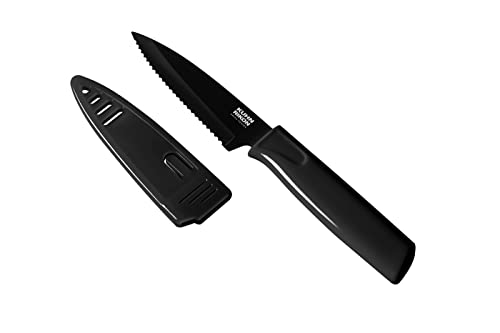 KUHN RIKON Colori Non-Stick Serrated Paring Knife with Safety Sheath, 4 inch, Black