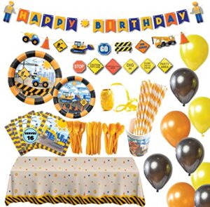 premium (16 serves) construction birthday set - construction birthday party supplies, all in one truck construction party supplies- plate, cups, spoons, fork, napkins. construction birthday decorations for boys