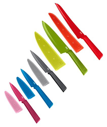 KUHN RIKON COLORI+ Mixed Knife Set with Non-Stick Coating and Safety Sheaths, Set of 5, Fuchsia, Blue, Graphite Grey, Green and Red