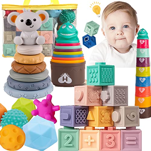 ELLECK Montessori Toys for Babies& Baby Toys 6 to 12 Months/ 4 in 1 Soft Baby Toys Bundle/Infant Newborn Toddlers Sensory Toys/Teething Toys for Babies, Learning Toys Baby Gifts