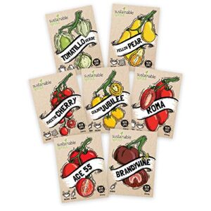 tomato seeds for planting variety 7 pack - cherry, brandywine beefsteak, yellow pear, golden jubilee, plum roma, tomatillo verde, ace 55 - heirloom tomato seeds for your organic garden - 100% non gmo
