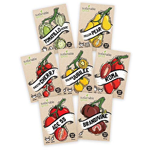 Tomato Seeds for Planting Variety 7 Pack - Cherry, Brandywine Beefsteak, Yellow Pear, Golden Jubilee, Plum Roma, Tomatillo Verde, Ace 55 - Heirloom Tomato Seeds for Your Organic Garden - 100% Non GMO