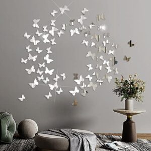 aooyaoo acrylic mirror wall decor, butterfly wall decorations,2 sizes butterfly stickers wall decals,100 pcs diy wall stickers for home nursery classroom kids bedroom bathroom living room decor (silver)