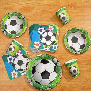 DUOCUTE Soccer Party Supplies 102PCS Sports Themed Children Birthday Paper Dinnerware Set Includes 9" Plates, 7" Plates, Cups, Napkins, Tablecloth and Banner, Serves 25