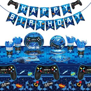 172 pieces video game party decoration set game happy birthday banner gamer party supplies plastic tablecloth paper plates tableware for boy girl player birthday party pack, serving 24 guests (blue)