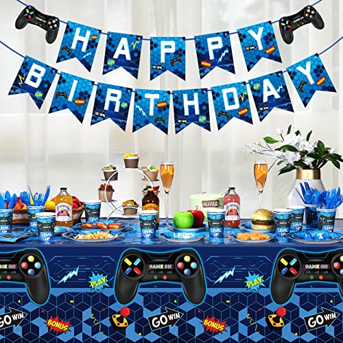 172 Pieces Video Game Party Decoration Set Game Happy Birthday Banner Gamer Party Supplies Plastic Tablecloth Paper Plates Tableware for Boy Girl Player Birthday Party Pack, Serving 24 Guests (Blue)