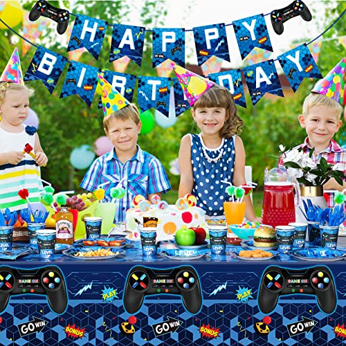 172 Pieces Video Game Party Decoration Set Game Happy Birthday Banner Gamer Party Supplies Plastic Tablecloth Paper Plates Tableware for Boy Girl Player Birthday Party Pack, Serving 24 Guests (Blue)
