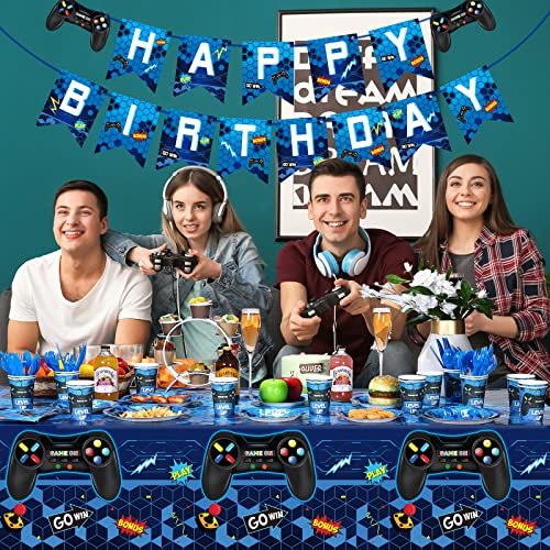 172 Pieces Video Game Party Decoration Set Game Happy Birthday Banner Gamer Party Supplies Plastic Tablecloth Paper Plates Tableware for Boy Girl Player Birthday Party Pack, Serving 24 Guests (Blue)