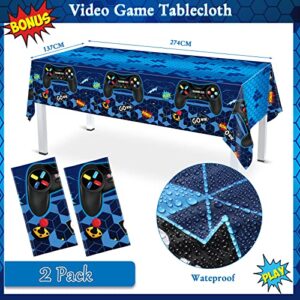 172 Pieces Video Game Party Decoration Set Game Happy Birthday Banner Gamer Party Supplies Plastic Tablecloth Paper Plates Tableware for Boy Girl Player Birthday Party Pack, Serving 24 Guests (Blue)