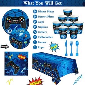 172 Pieces Video Game Party Decoration Set Game Happy Birthday Banner Gamer Party Supplies Plastic Tablecloth Paper Plates Tableware for Boy Girl Player Birthday Party Pack, Serving 24 Guests (Blue)