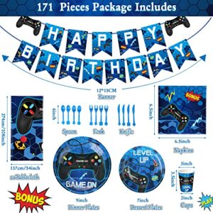 172 Pieces Video Game Party Decoration Set Game Happy Birthday Banner Gamer Party Supplies Plastic Tablecloth Paper Plates Tableware for Boy Girl Player Birthday Party Pack, Serving 24 Guests (Blue)