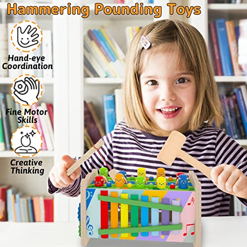 8 in 1 Wooden Montessori Hammering Pounding Toys for Toddlers 1 2 3 4 Year Old Boys Girls Whack a Mole Game Xylophone Fishing Activity Sensory Educational Learning Toys for Kids 1-3 Boy Girl Gifts