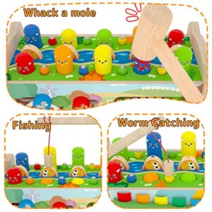 8 in 1 Wooden Montessori Hammering Pounding Toys for Toddlers 1 2 3 4 Year Old Boys Girls Whack a Mole Game Xylophone Fishing Activity Sensory Educational Learning Toys for Kids 1-3 Boy Girl Gifts