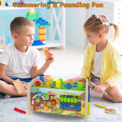 8 in 1 Wooden Montessori Hammering Pounding Toys for Toddlers 1 2 3 4 Year Old Boys Girls Whack a Mole Game Xylophone Fishing Activity Sensory Educational Learning Toys for Kids 1-3 Boy Girl Gifts