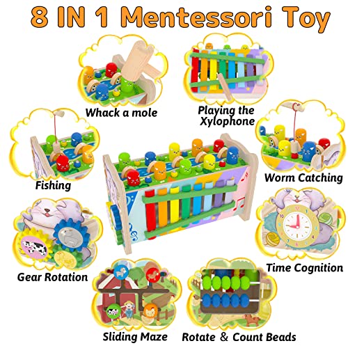 8 in 1 Wooden Montessori Hammering Pounding Toys for Toddlers 1 2 3 4 Year Old Boys Girls Whack a Mole Game Xylophone Fishing Activity Sensory Educational Learning Toys for Kids 1-3 Boy Girl Gifts