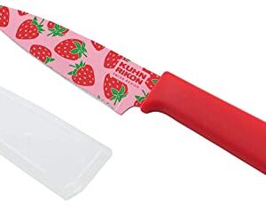 KUHN RIKON Colori+ Non-Stick Straight Paring Knife with Safety Sheath, 4 inch/10.16 cm Blade, Funky Fruit Strawberry